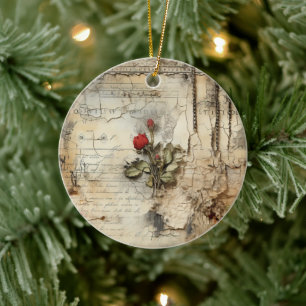 Vintage Parchment Kärlek Brev med blommor (10) Julgransprydnad Keramik