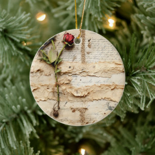 Vintage Parchment Kärlek Brev med blommor (2) Julgransprydnad Keramik