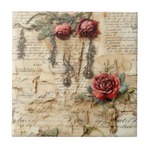 Vintage Parchment Kärlek Brev med blommor (4) Kakelplatta
