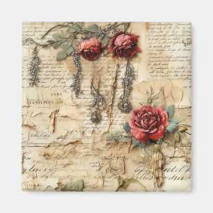 Vintage Parchment Kärlek Brev med blommor (4) Magnet