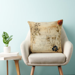 Vintage Parchment Kärlek Brev med blommor (5) Kudde