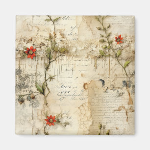 Vintage Parchment Kärlek Brev med blommor (6) Magnet