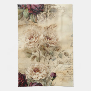 Vintage Parchment Kärlek Brev med blommor (7) Kökshandduk
