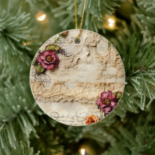Vintage Parchment Kärlek Brev med blommor (8) Julgransprydnad Keramik