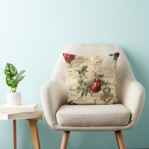 Vintage Parchment Kärlek Brev med blommor (9) Kudde