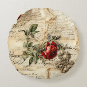 Vintage Parchment Kärlek Brev med blommor (9) Rund Kudde