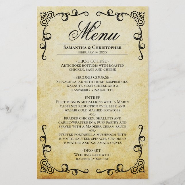 Vintage Parchment & Scrollss Budget Bröllop Menu (Framsida)