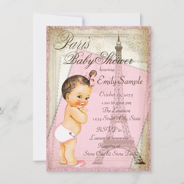 Vintage Paris Baby Shower-flicka Inbjudningar (Framsida)