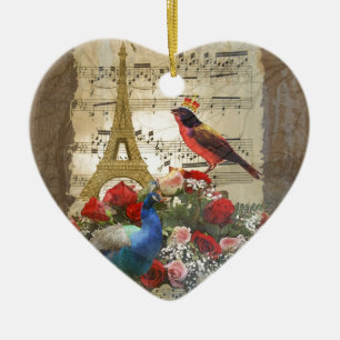 Vintage Paris & bird Music lakan collage Julgransprydnad Keramik