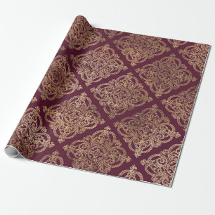 Vintage Paris Burgunder Röd och Guld Grunge Damast Presentpapper