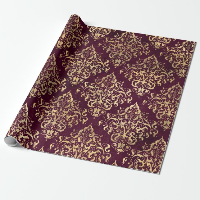 Vintage Paris Burgundy och Guld Damask Presentpapper (Utrullad)