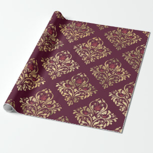 Vintage Paris Burgundy Red och Guld Damask Presentpapper