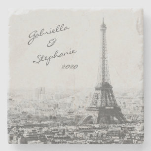 Vintage Paris Eiffel Torn Black White Photo Namn Stenunderlägg