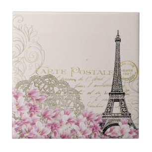 Vintage Paris Eiffel Torn Blommigt Art Illustratio Kakelplatta