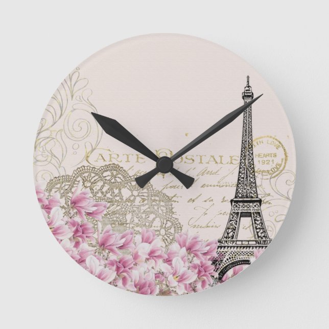 Vintage Paris Eiffel torn print Rund Klocka (Framsida)
