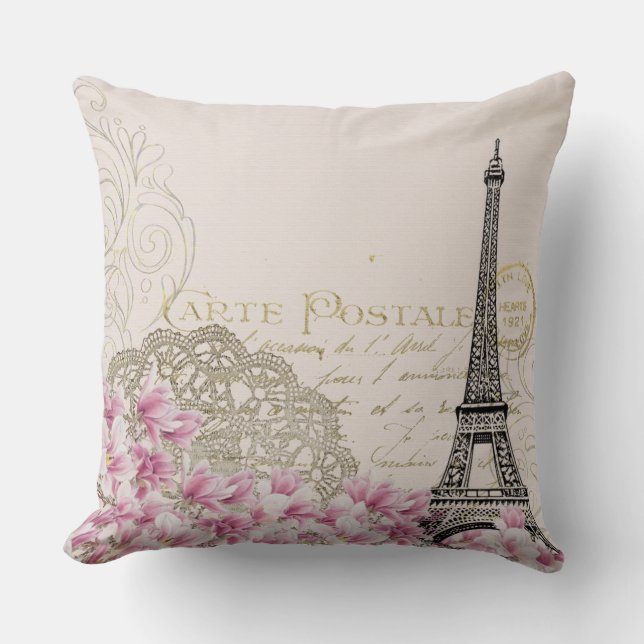 Vintage Paris Eiffel Torn & Rosa Blommigt Kudde (Framsida)