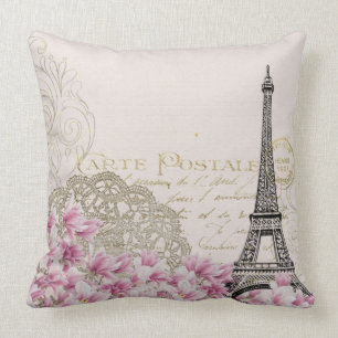 Vintage Paris Eiffel Torn & Rosa Blommigt Kudde
