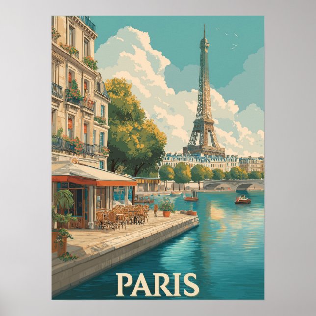 Vintage Paris: Eiffel Torn & Seine Café Poster (Framsidan)