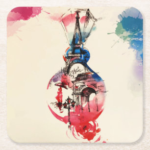 Vintage Paris Eiffel Torn Travel Kärlek Watercolor Underlägg Papper Kvadrat