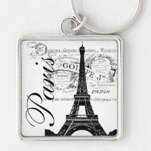 Vintage Paris & Eiffel tornetikett Fyrkantig Silverfärgad Nyckelring