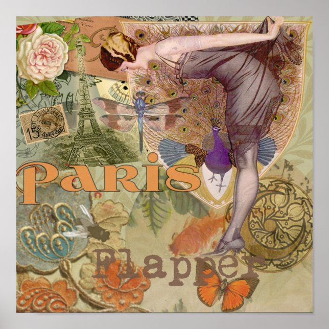 Vintage Paris Flapper Art Deco Påfågelkollage Poster (Framsidan)