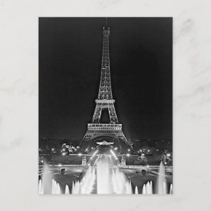 Vintage Paris Fontaines Torn Eiffel natt Vykort