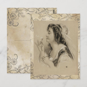 Vintage Paris Girl Dandelion Flower Vykort