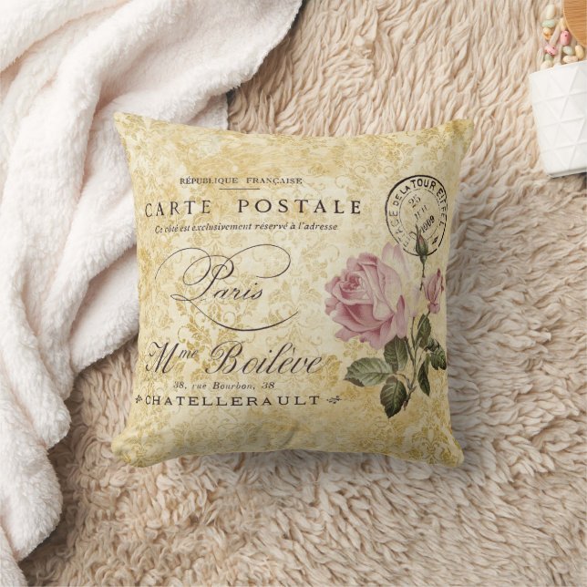 Vintage Paris Post Rosa ros Kudde (Filt)