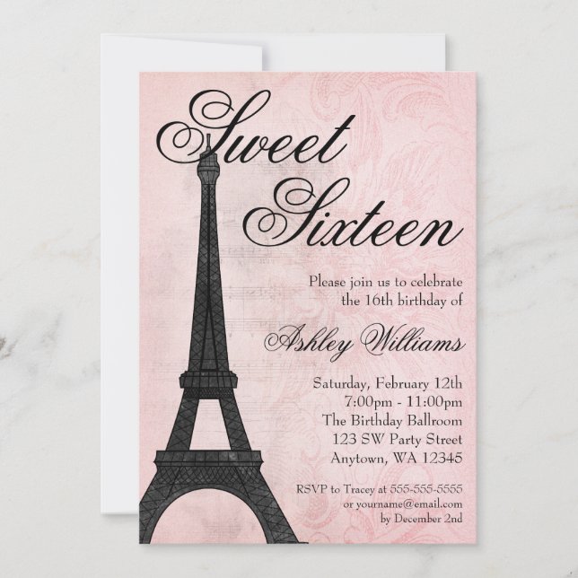Vintage Paris Rosa Black Sweet 16 Birthday Inbjudningar (Framsida)