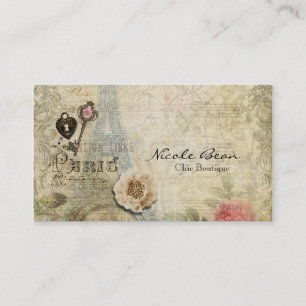 Vintage Paris Rosa Rosor Lås & Nyckel Boutique Chi Visitkort