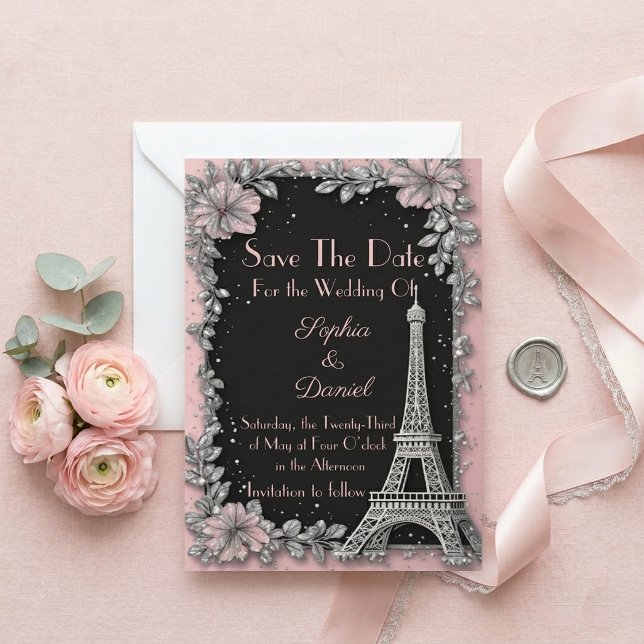 Vintage Parisiskt Rosa Silver Spara Datum (Vintage Parisian Blush Pink Silver Save The Date)