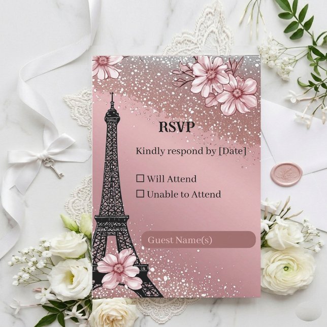 Vintage Parisiskt Rosa Silverglitter Bröllop OSA Kort (Vintage Parisian Blush Pink Silver Glitter Wedding RSVP Card)