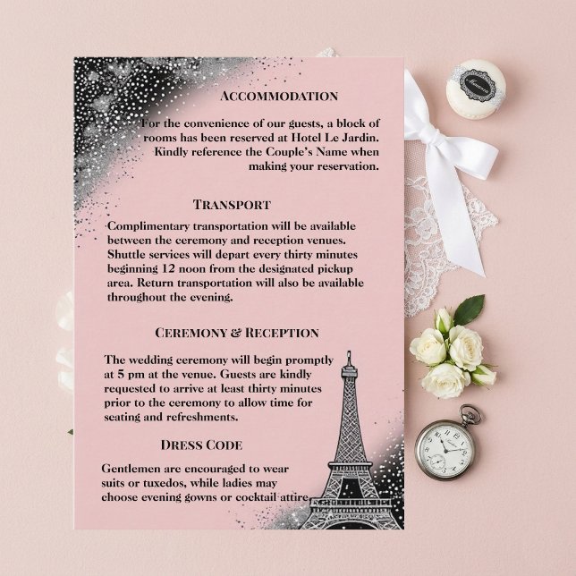 Vintage Parisiskt Rosa Silverglitter Bröllop Tilläggskort (Vintage Parisian Blush Pink Silver Glitter Wedding Enclosure Card)