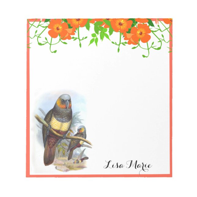 Vintage Parrot & Söt Orange Flowers Personalised Anteckningsblock (Framsida)
