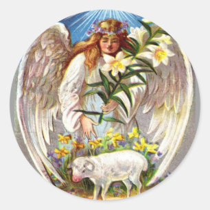 Vintage Påsk Angel och Lamb Runt Klistermärke