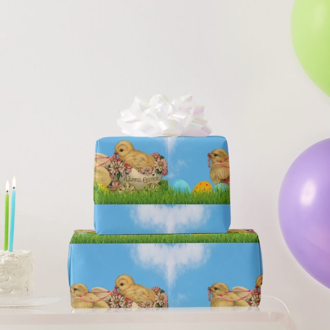 Vintage Påsk Baby Chicken Blue Wrapping Papper Presentpapper (Festgåvor)