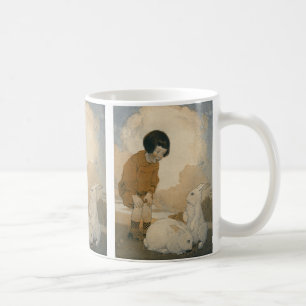 Vintage påsk, barn som leker med vita kanin harar kaffemugg