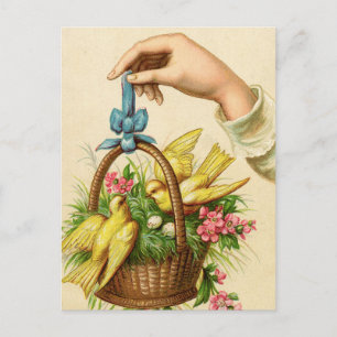Vintage Påsk Basket Gult Fåglar och hand Vykort