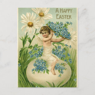 Vintage Påsk Cherub med blommor Vykort