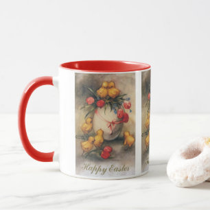 Vintage Påsk Chickar, ägg med röda tulpanblommor Mugg