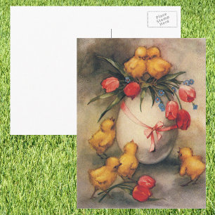 Vintage Påsk Chickar med Röda tulpanblommor Helg Vykort