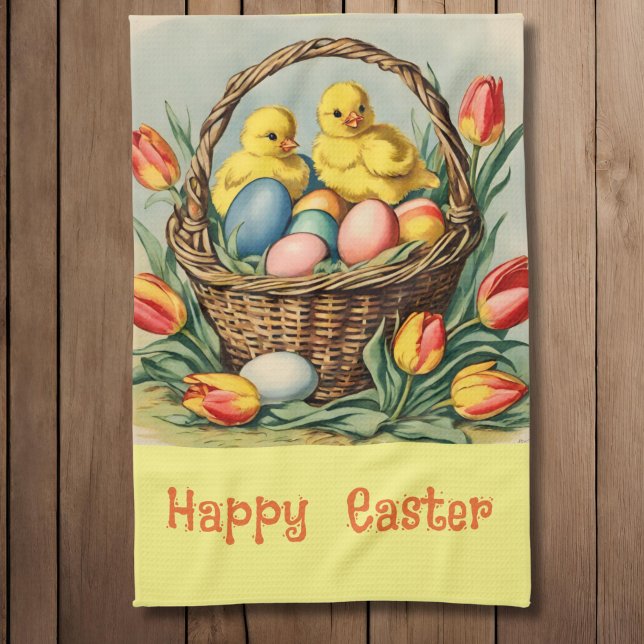 Vintage Påsk Chickar med tulpaner Kökshandduk (Skapare uppladdad)