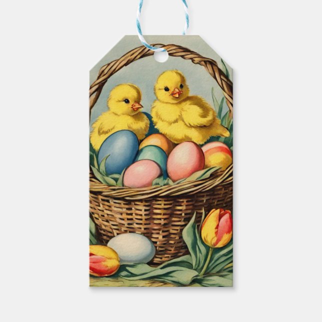 Vintage Påsk Chickar med tulpaner Presentetikett (Framsidan)
