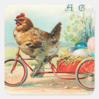 Vintage Påsk Chicken Riding a Bicycle Påskägg Fyrkantigt Klistermärke
