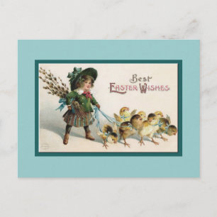 Vintage Påsk Chicks and Girl on Walk Helg Vykort