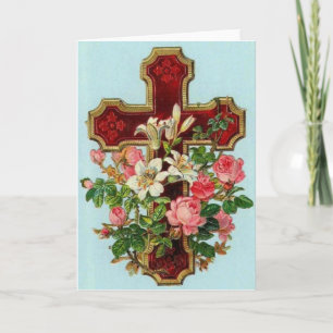 Vintage Påsk Crucifix & Flowers (Blank Inside). Helgkort