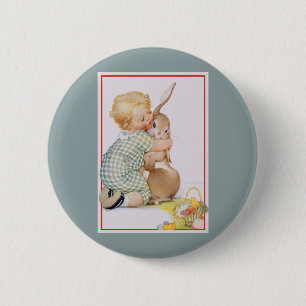 Vintage Påsk, Cute Boy Child med Bunny Rabbit Knapp