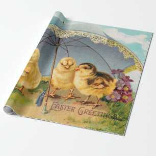 Vintage Påsk Cute-Chickar under parasol Presentpapper
