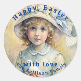 Vintage Påsk Dove Girl Flowers. Runt Klistermärke