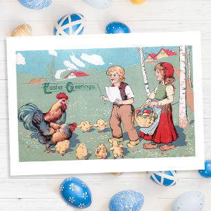 Vintage Påsk fjäderfäfamilj Julkort